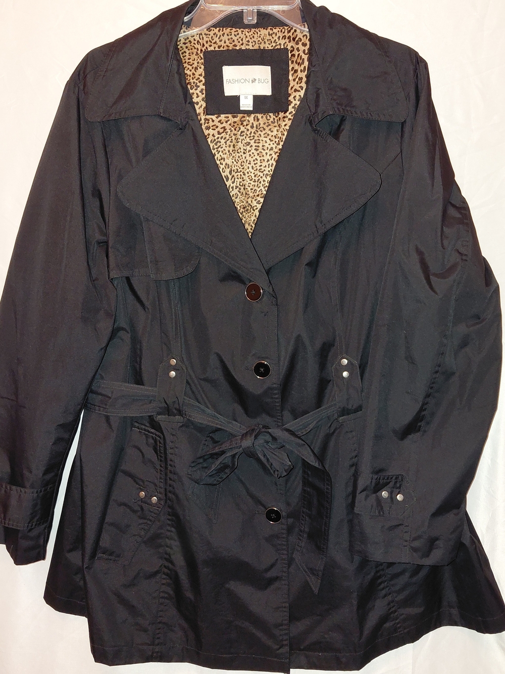 Fashion Bug Black Trench Coat with Leopard-Print Lining #2624